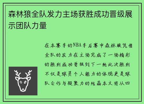森林狼全队发力主场获胜成功晋级展示团队力量