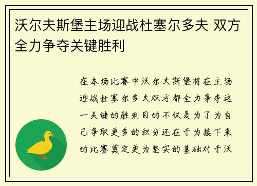 沃尔夫斯堡主场迎战杜塞尔多夫 双方全力争夺关键胜利